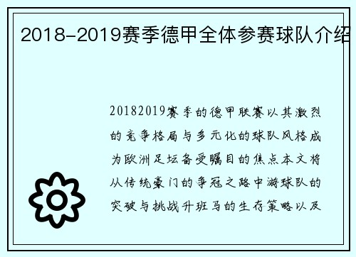 2018-2019赛季德甲全体参赛球队介绍